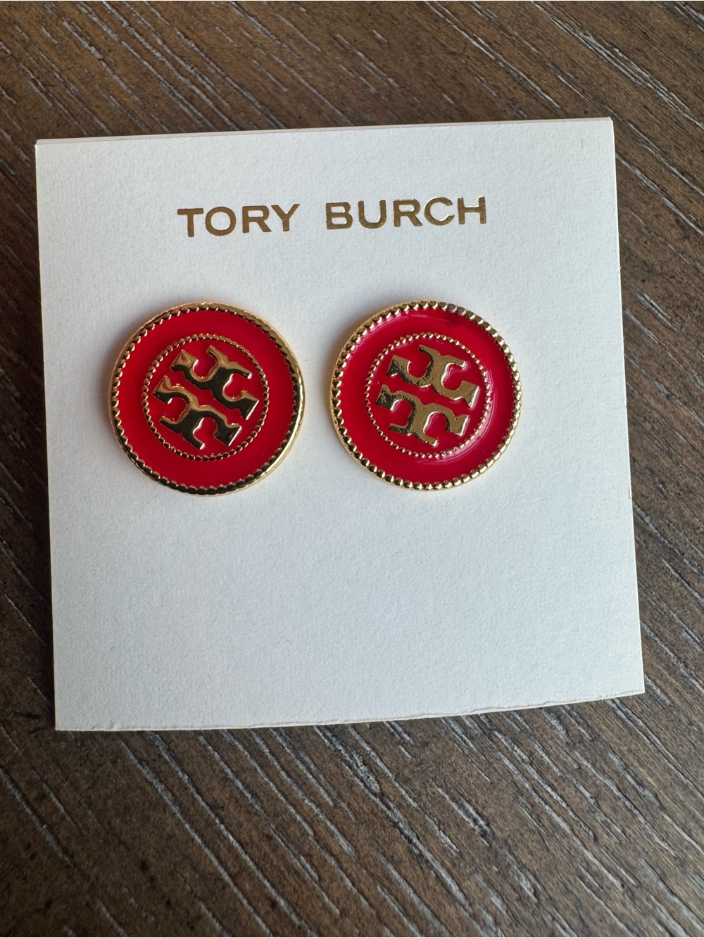 Tory Burch Gold-Trim Red Enamel Logo Stud Earrings